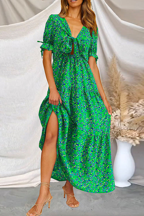 Priyavil Floral Printed V Neck Tie Knot Front Tiered Swing Maxi Dress