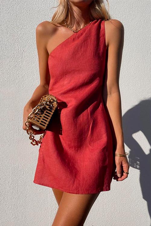 Priyavil One Shoulder Solid Cotton Linen Mini Dress