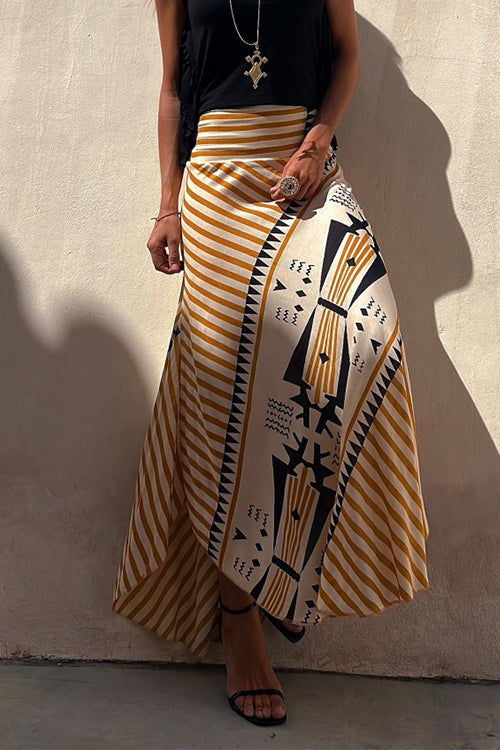 Priyavil High Waist Stripes Splice Printed Maxi Irregular Skirt