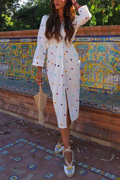 Priyavil V Neck Waisted Slit Embroidery Midi Dress