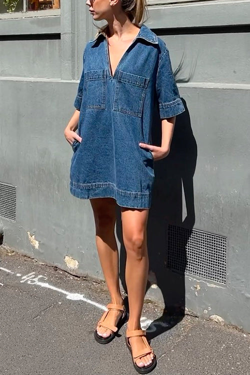 Priyavil V Neck Pocketed Tara Denim Mini Dress