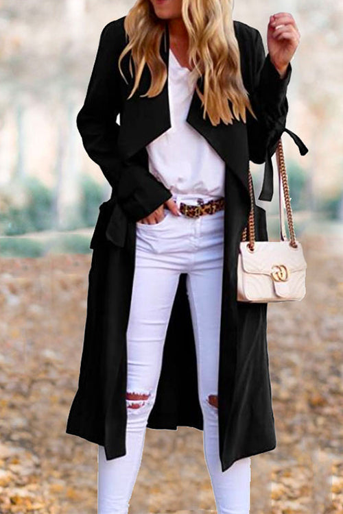 Priyavil Drap Front Tie Waist Solid Fall Midi Cardigan