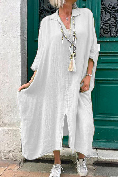 Priyavil Lapel V Neck Slit Front Oversized Midi Dress