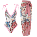 Priyavil Floral Print V Neck Tie Shoulder One-piece Swimwear and Wrap Cover Up Skirt Set