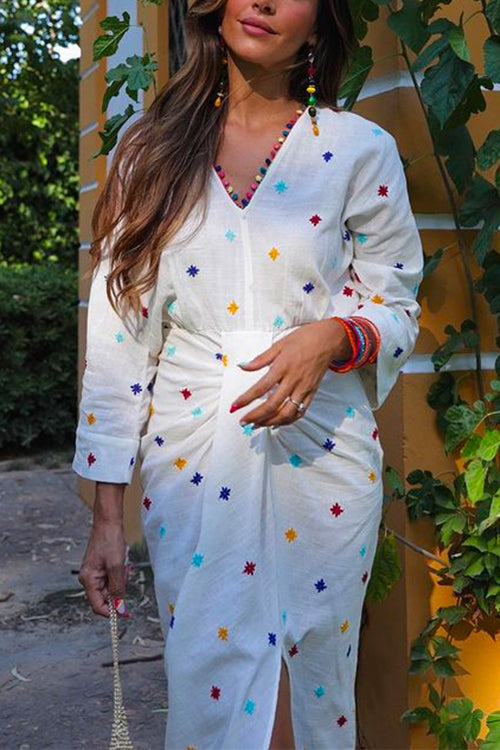 Priyavil V Neck Waisted Slit Embroidery Midi Dress