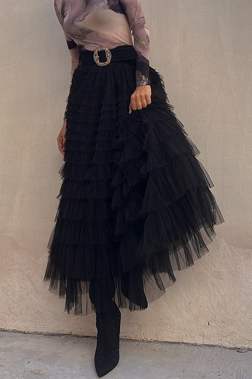Priyavil Ruffle Layered Mesh A-line Maxi Skirt