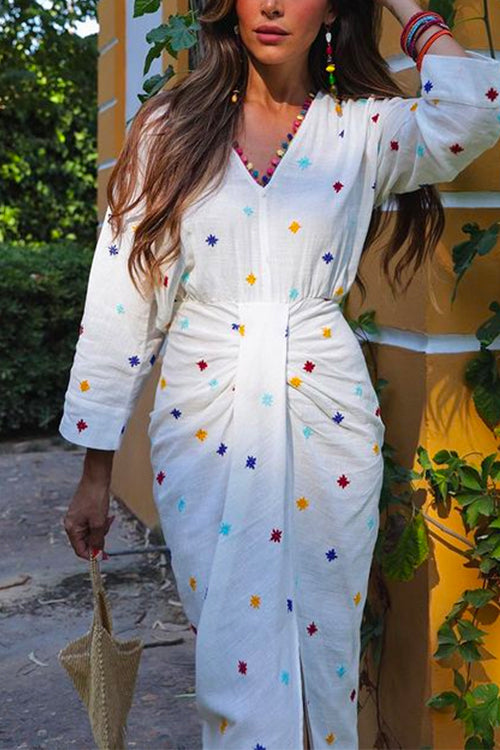 Priyavil V Neck Waisted Slit Embroidery Midi Dress