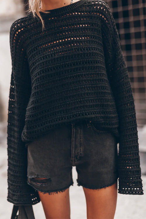 Priyavil Crewneck Long Sleeves Hollow Out Boho Knitting Pullovers