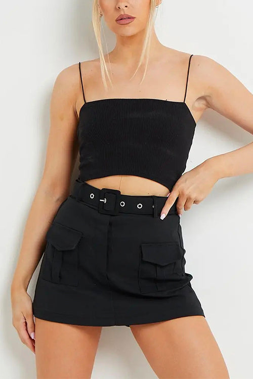 Priyavil High Waist Belted Pockets Mini Skort