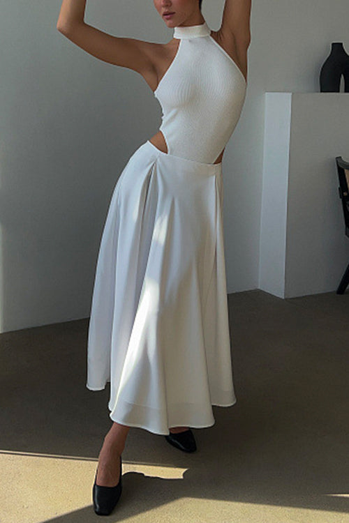 Priyavil Chic High Waist A-line Swing Maxi Satin Skirt