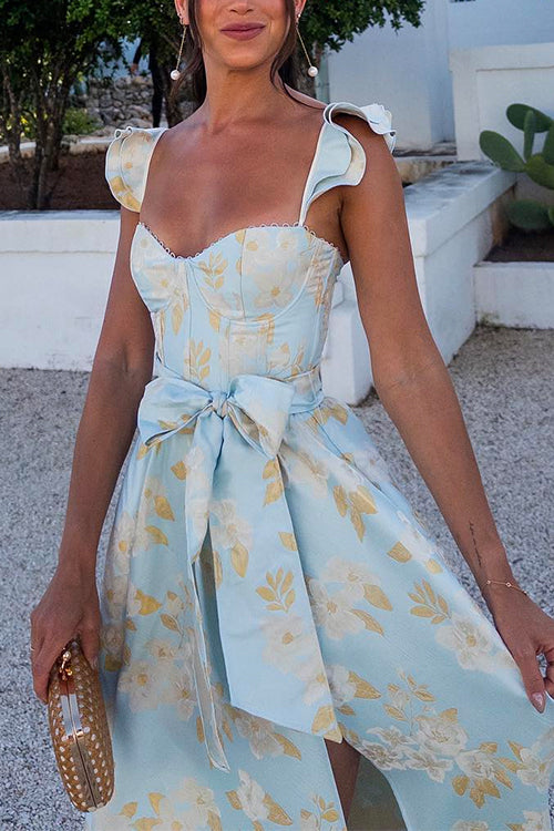 Priyavil Ruffled Shoulder Bow Knot Waist Slit Printed Vintage Party Dress
