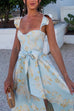 Priyavil Ruffled Shoulder Bow Knot Waist Slit Printed Vintage Party Dress