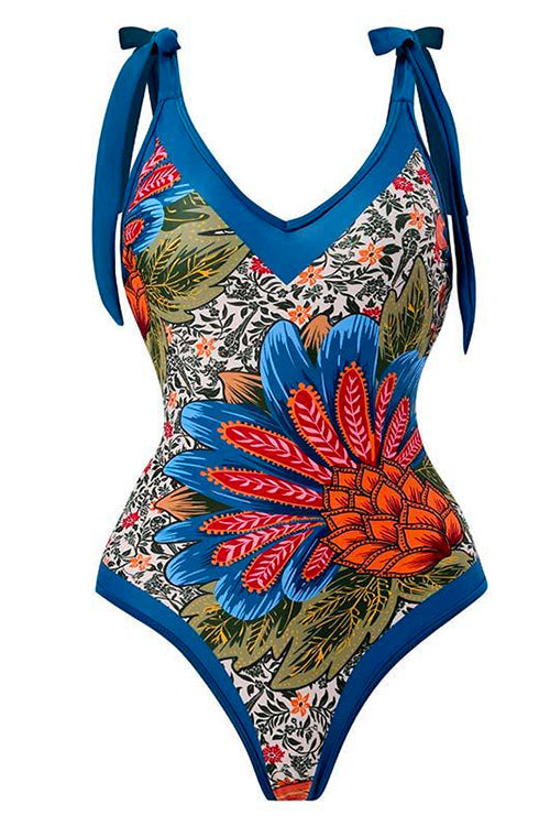 Priyavil V Neck Bow Shoulder One-piece Swimwear and Wrap Cover Up Skirt Printed Set