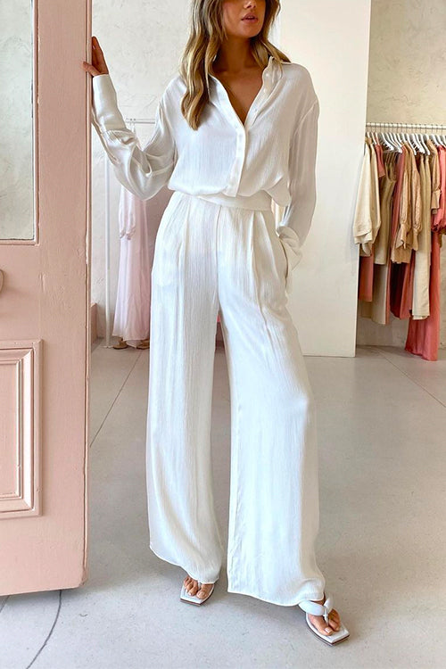 Chic Long Sleeves Side Split Blouse Shirt Wide Leg Pants Set