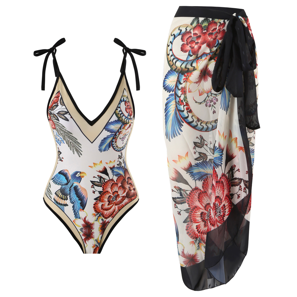 Priyavil Floral Print V Neck Tie Shoulder One-piece Swimwear and Wrap Cover Up Skirt Set