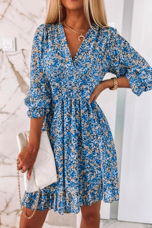 Priyavil V Neck Puff Sleeve Waisted Floral Ruffle Dress