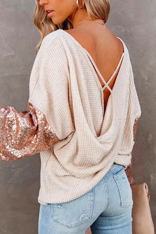 Priyavil Sequin Splice Backless Criss Cross Knit Sweater