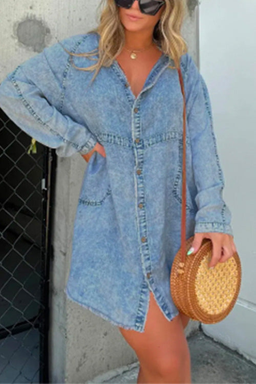 Priyavil V Neck Button Down Pocketed Denim Mini Shirt Dress