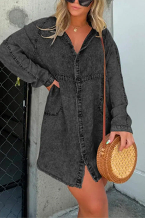 Priyavil V Neck Button Down Pocketed Denim Mini Shirt Dress