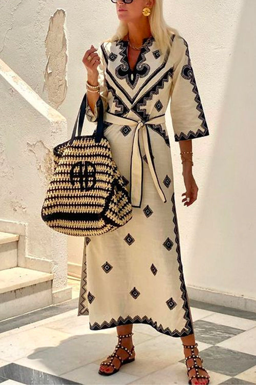 Priyavil V Neck Tie Waist Side Split Bohemia Printed Maxi Dress