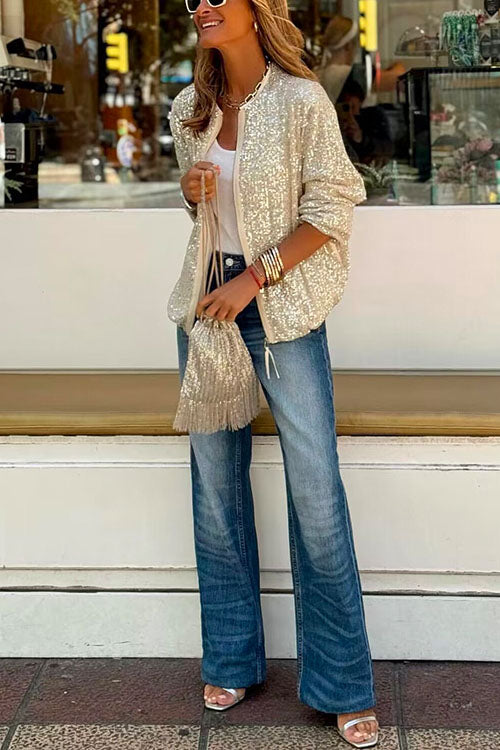 Priyavil Crewneck Zipper Up Sequin Jacket