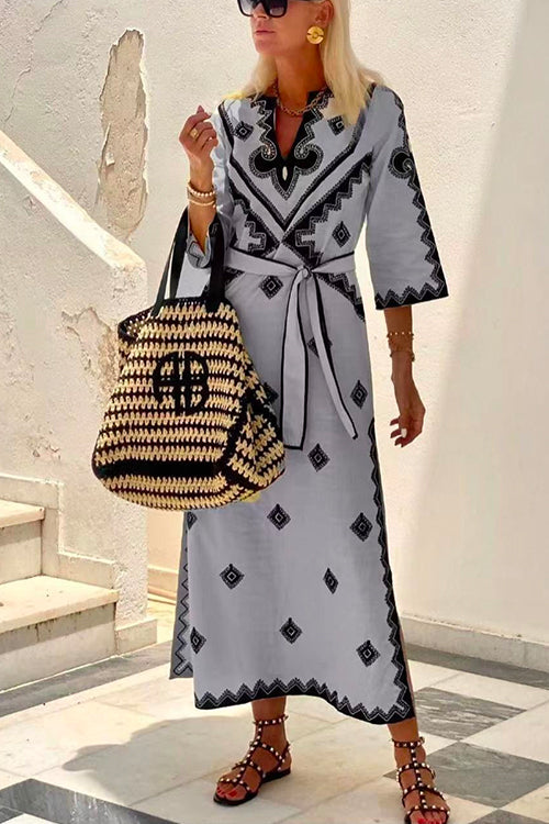 Priyavil V Neck Tie Waist Side Split Bohemia Printed Maxi Dress