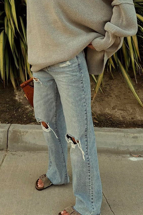 Priyavil Raw Hem Straight Leg Ripped Denim Pants