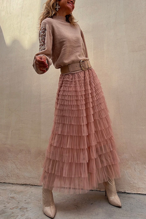 Priyavil Tulle Layered Ruffle Mesh Maxi Skirt