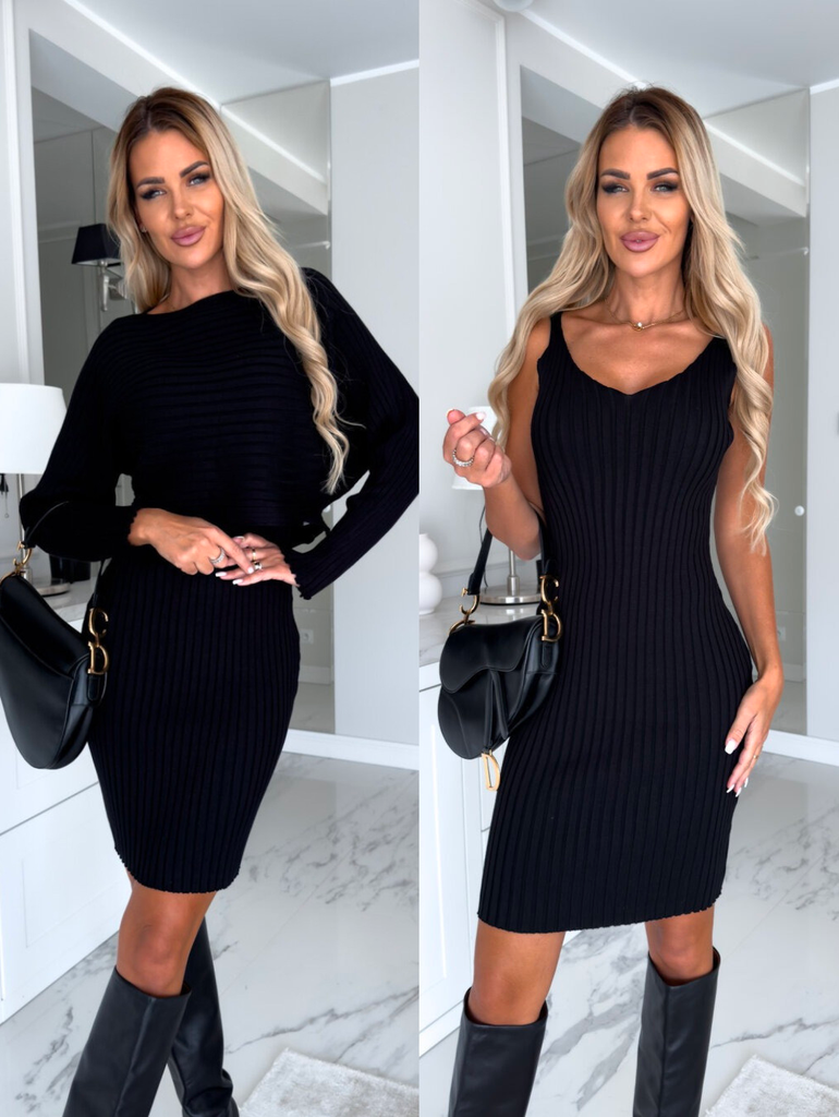 Priyavil Ribbed Knit Long Sleeves Crop Pullover and Bodycon Cami Dress Set