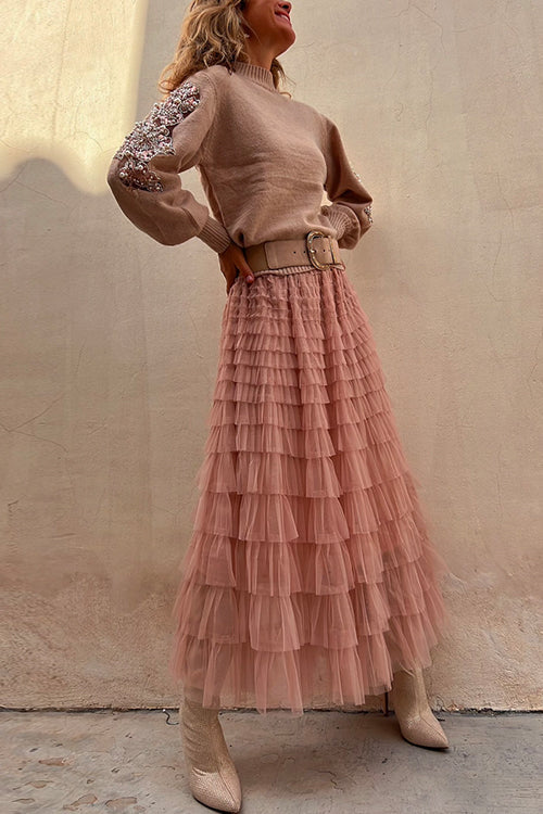 Priyavil Tulle Layered Ruffle Mesh Maxi Skirt