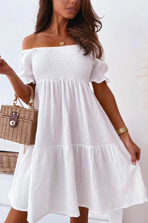 Priyavil Off Shoulder Short Sleeve Smocked Ruffle Swing Dress