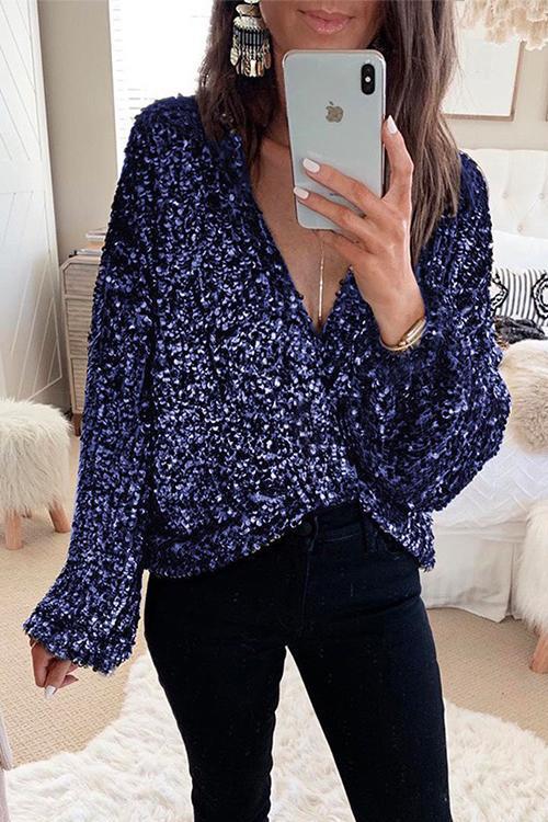 Priyavil V Neck Long Sleeve Sequin Shirt