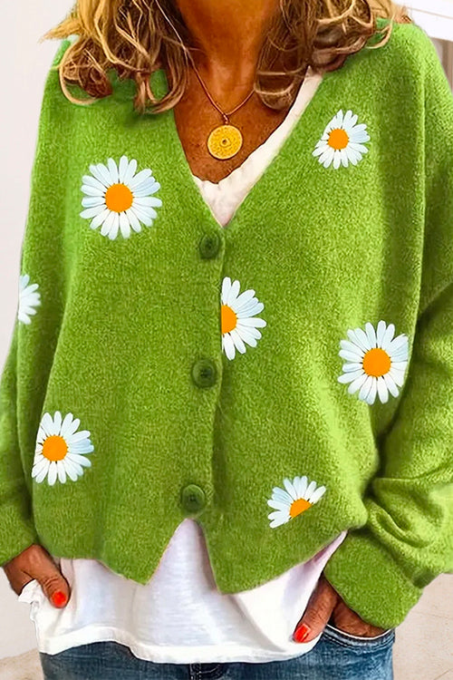 Priyavil V Neck Button Up Daisy Embroidery Sweater Cardigan
