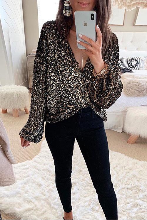 Priyavil V Neck Long Sleeve Sequin Shirt
