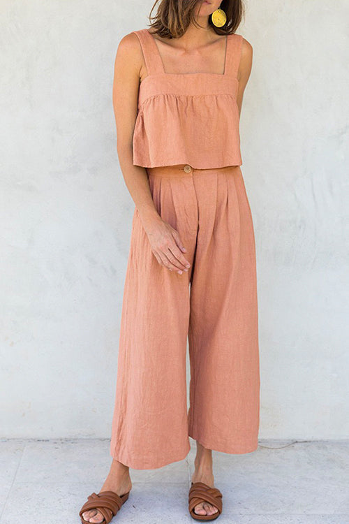Priyavil Square Collar Crop Tank Top Wide Leg Pants Cotton Linen Set