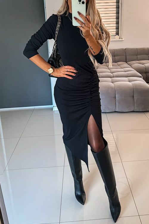 Mockneck Long Sleeves Side Ruched Slit Midi Dress