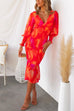 Priyavil V Neck Long Sleeves Smocked Ruffle Printed Midi Bodycon Dress