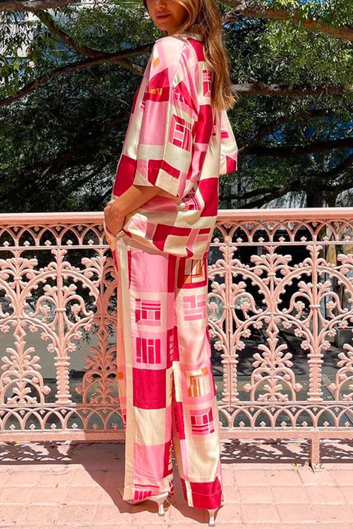 Retro Print 3/4 Sleeves Blouse Shirt Straight Leg Pants Holiday Set