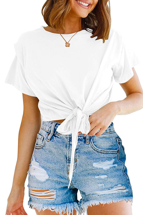 Priyavil Short Sleeve Knot Front Cropped T-shirt