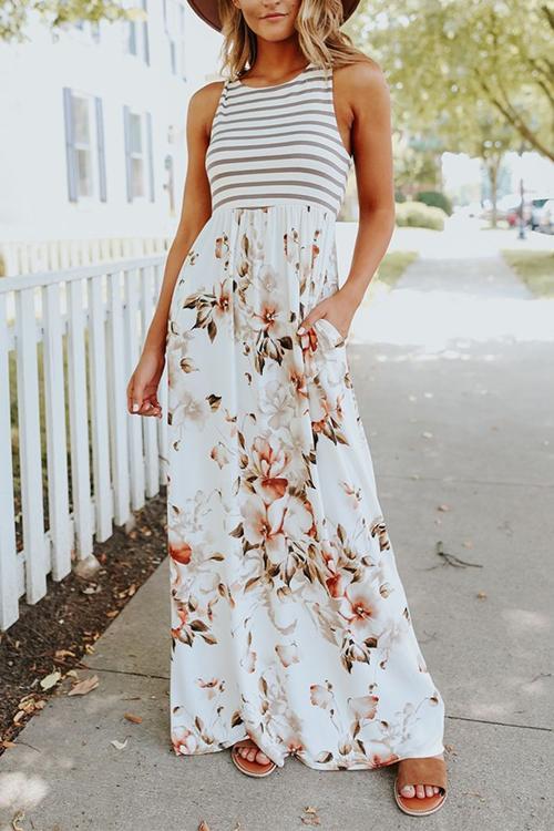 Priyavil Stripes Splice Floral Tank Maxi Dress