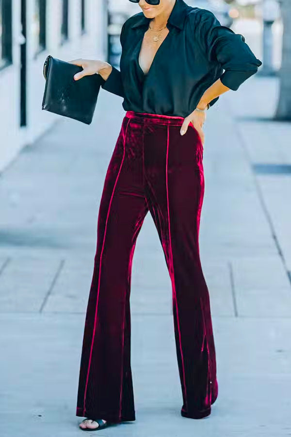 Priyavil Wine Me High Rise Bell Bottom Velvet Pants