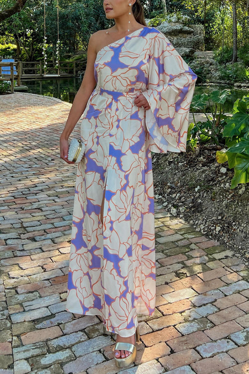 One Shoulder Flare Sleeve High Slit Floral Maxi Party Dress