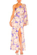 One Shoulder Flare Sleeve High Slit Floral Maxi Party Dress