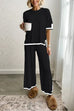 Priyavil Color Block Short Sleeves Side Split Pullover Wide Leg Pants Knitting Loungewear Set