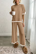 Priyavil Color Block Short Sleeves Side Split Pullover Wide Leg Pants Knitting Loungewear Set