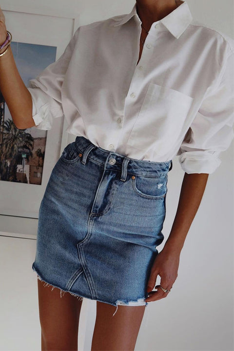 Priyavil Raw Hem Ripped Denim Mini Skirt