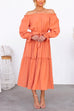 Off Shoulder Ruffle Trim Tie Waist Midi Swing Dress