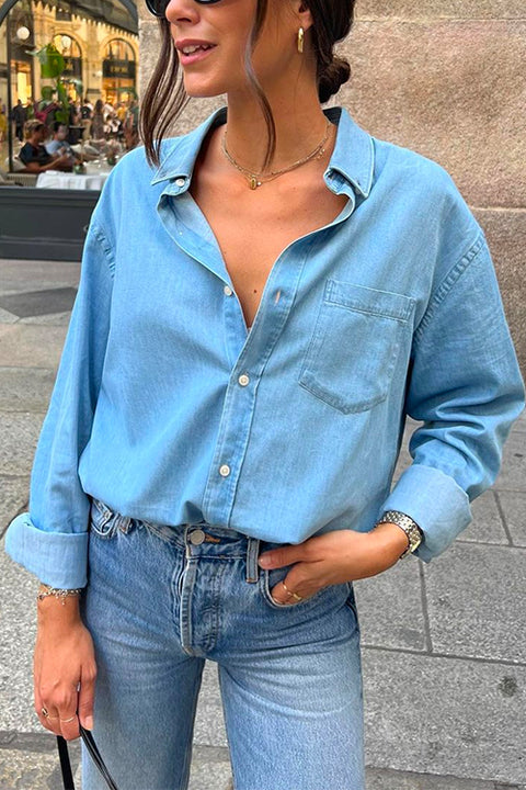 Classic Pocketed Long Sleeves Denim Blouse Shirt