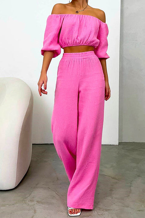 Priyavil Off Shoulder Half Sleeves Crop Top Wide Leg Pants Set