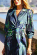 Knot Waist Long Sleeves Printed Wrap Shirt Dress